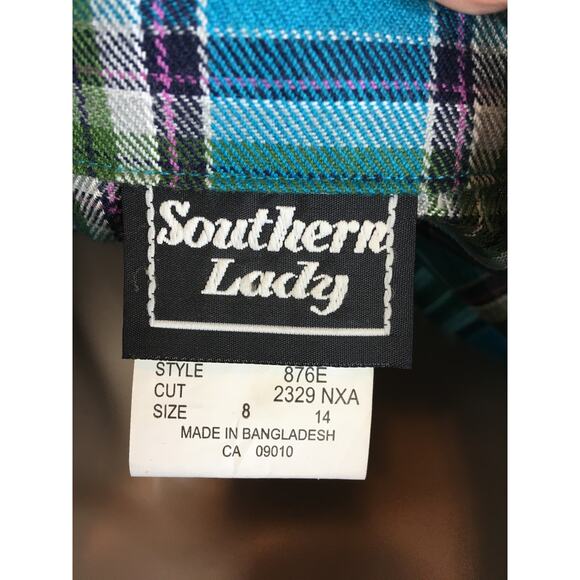 Southern‎ Lady Top Shacket Womens 8 Flannel Button Down Teal Blue & Green Plaid - Picture 14 of 15